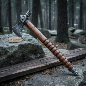 Hand Forged Damascus Smoking Axe with Ringed Hardwood Handle and Leather Sheath | JW SteelCrafts by JW SteelCrafts, leather knife sheath main product photo