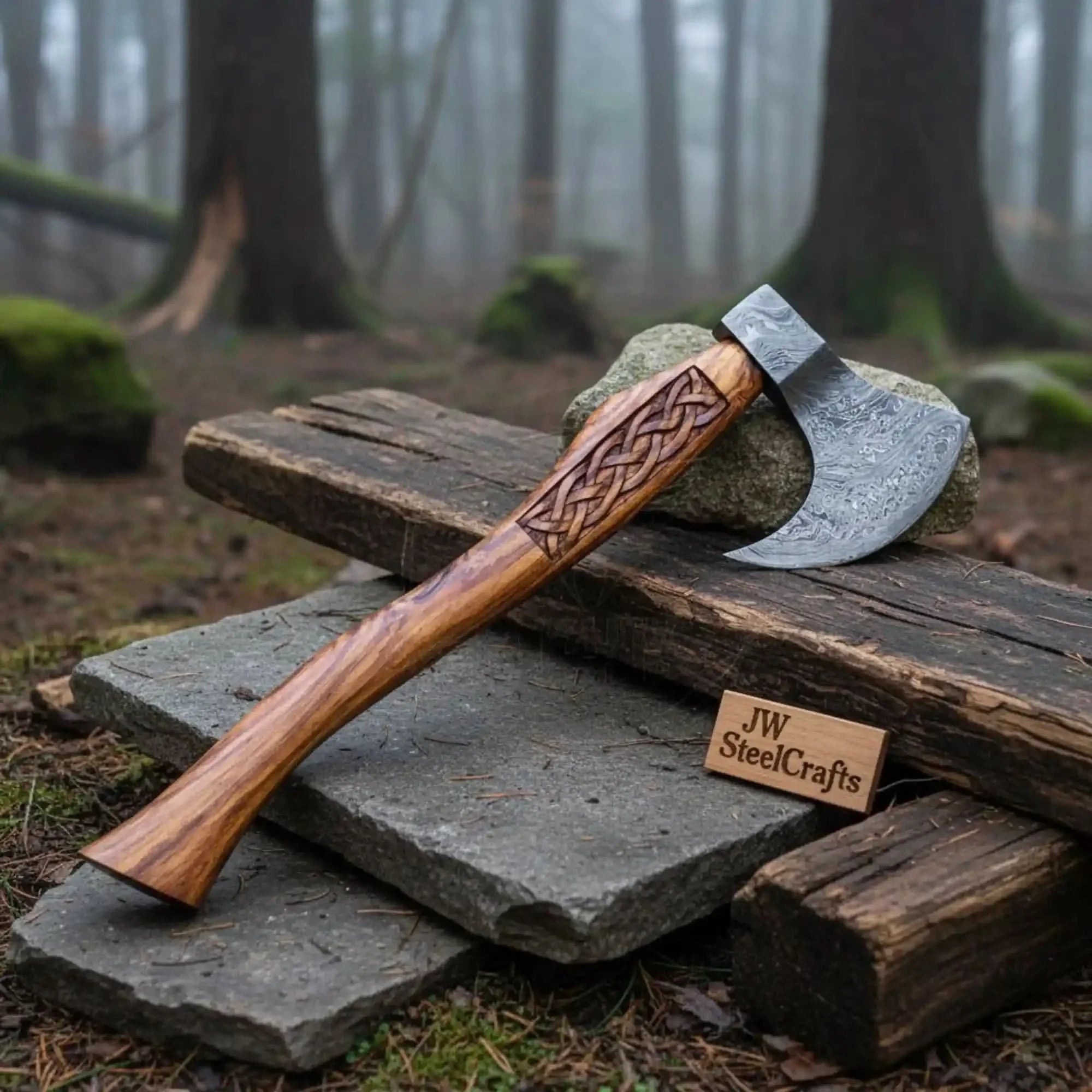 Hand Forged Damascus Bearded Viking Axe, Carved Rosewood Handle Nordic Bushcraft Hatchet | JW SteelCrafts by JW SteelCrafts, Southern lifestyle apparel main product photo