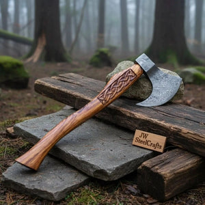 Hand Forged Damascus Bearded Viking Axe, Carved Rosewood Handle Nordic Bushcraft Hatchet | JW SteelCrafts by JW SteelCrafts, Southern lifestyle apparel main product photo