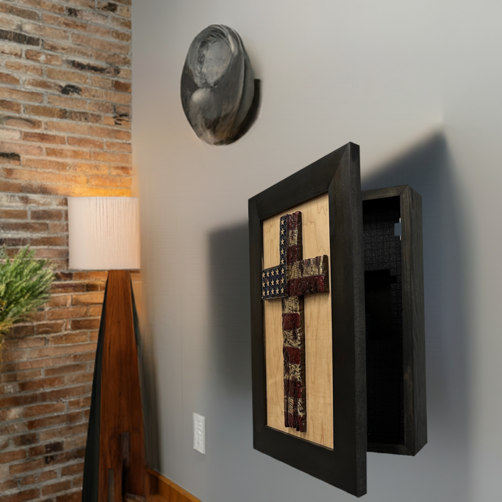 American Flag Cross Decorative Wall-Mounted Secure Gun Cabinet by Bellewood Designs, Southern home decor detail photo 9