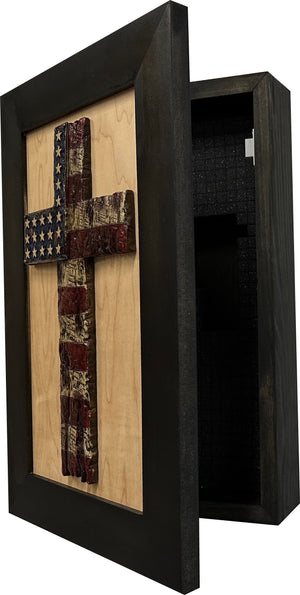American Flag Cross Decorative Wall-Mounted Secure Gun Cabinet by Bellewood Designs, Southern home decor detail photo 12