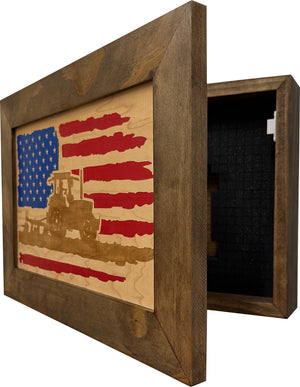 Locking Gun Cabinet Wall Mounted with American Flag and Farmer Patriotic Decorative Front by Bellewood Designs, Southern home decor detail photo 4