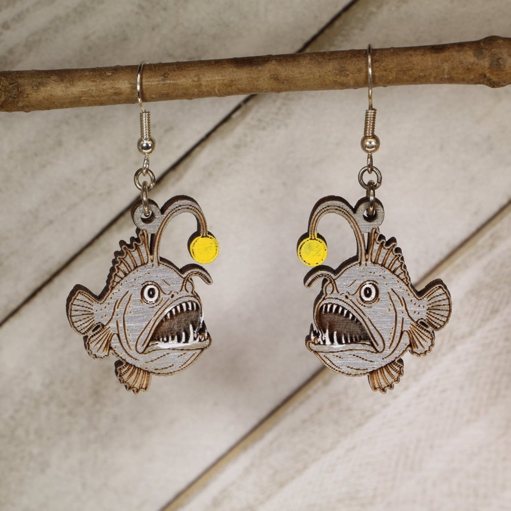 Anglerfish Wooden Earrings | Deep Sea Ocean Creature Jewelry by Cate's Concepts, LLC, handmade jewelry main product photo