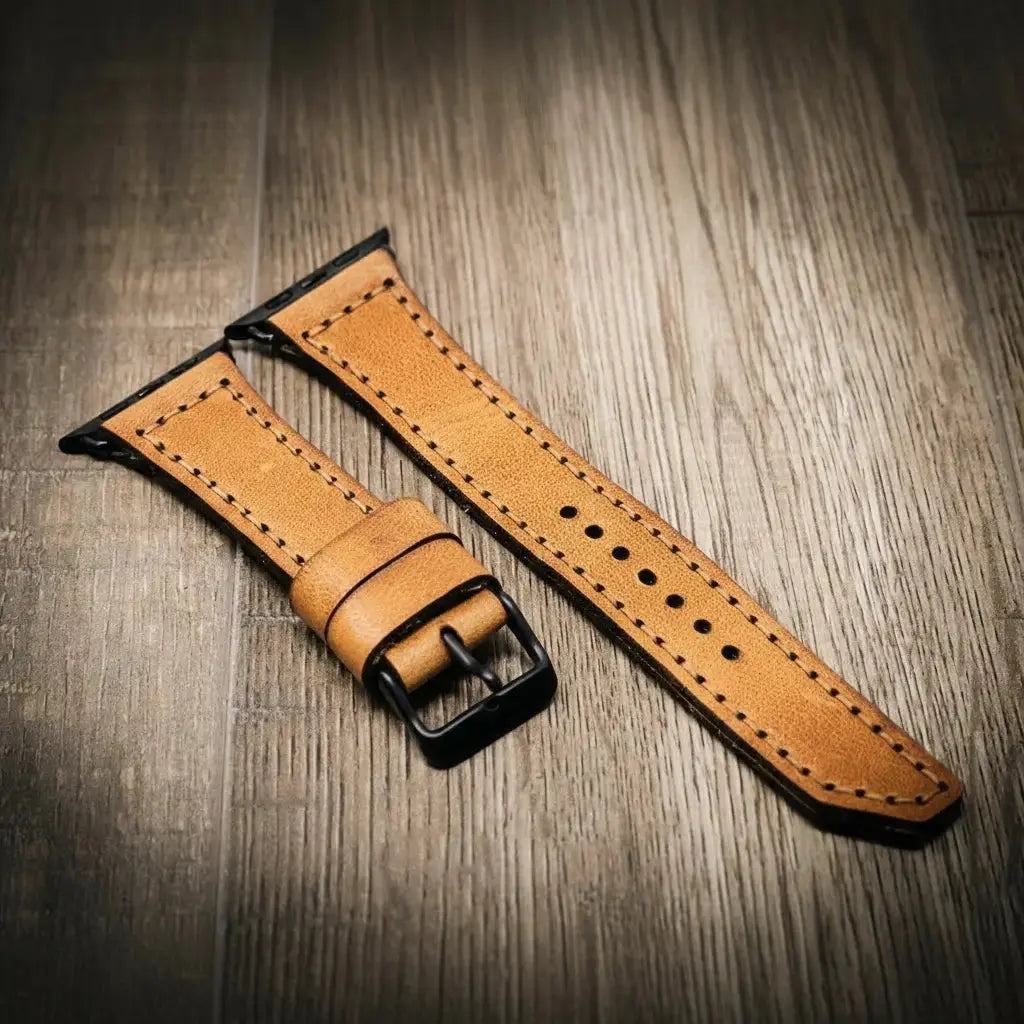 Leather Apple Watch band detail by Bull Sheath Leather