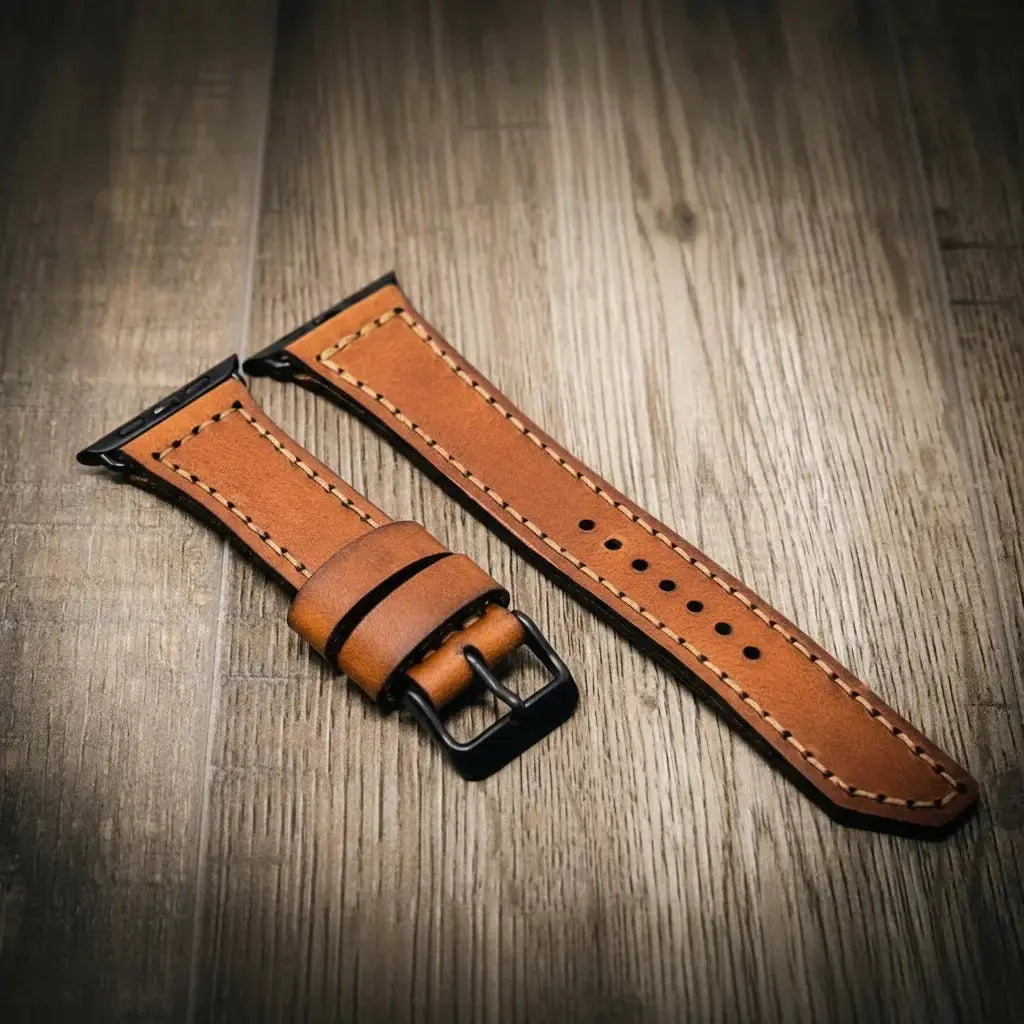 Full grain leather Apple Watch band closeup