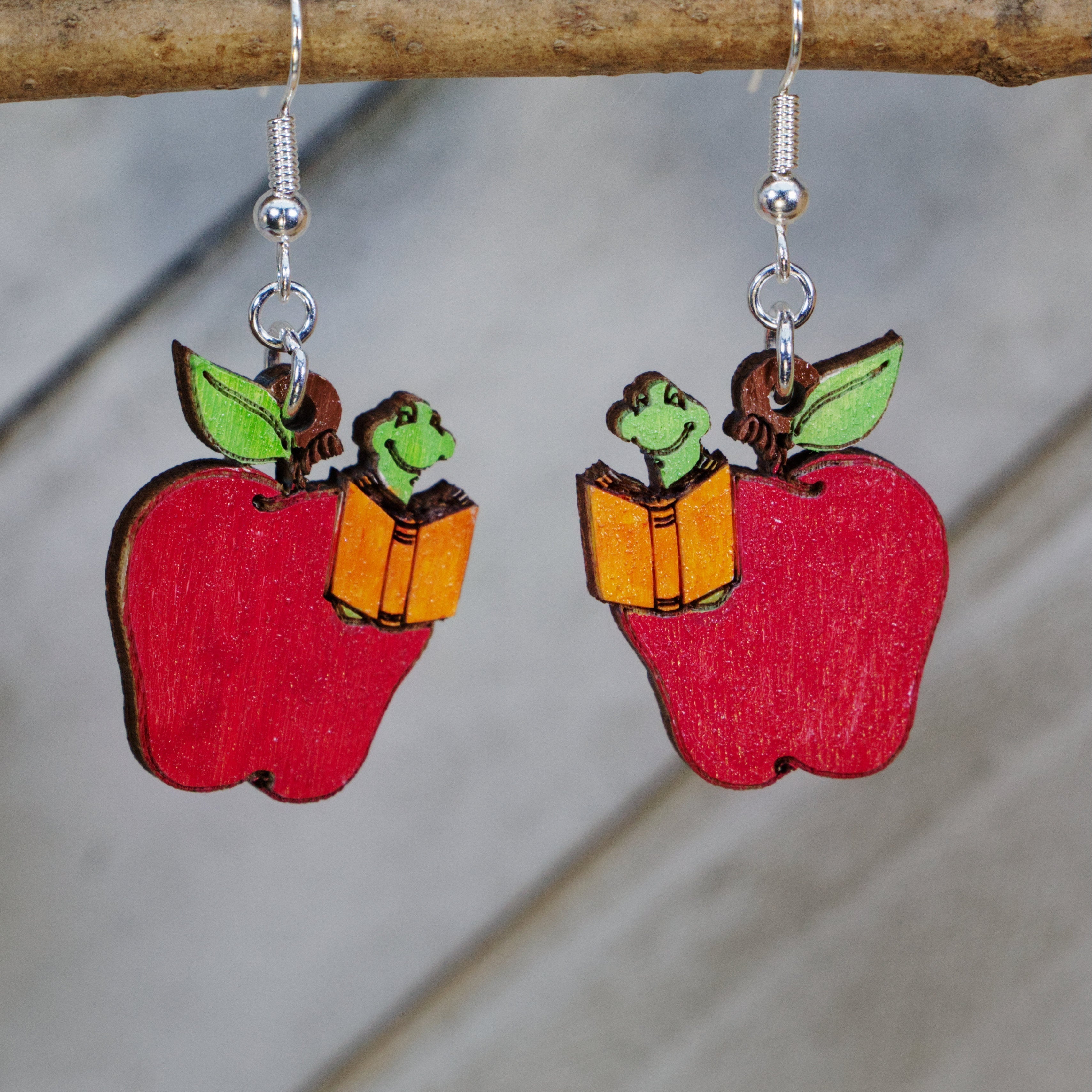Apple with Bookworm Wooden Dangle Earrings | Teacher Jewelry by Cate's Concepts, LLC