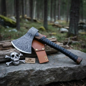 Heavy-Duty Damascus Camp Axe with Leather Wrap Handle by JW SteelCrafts