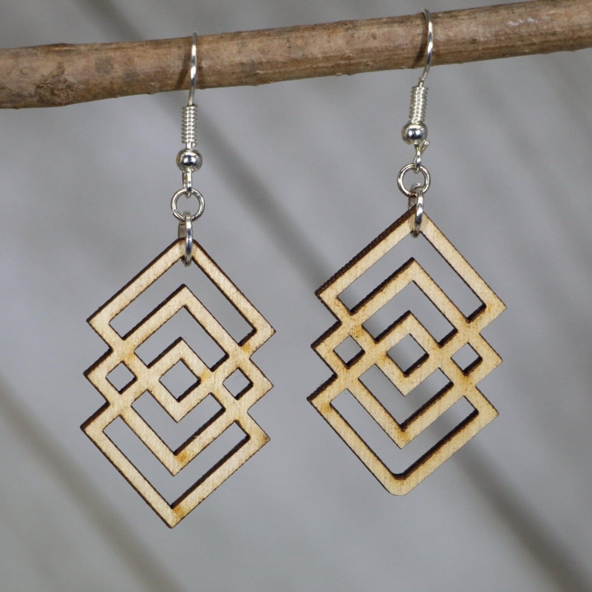 Art Deco Diamond Drop Wooden Dangle Earrings | Geometric Jewelry