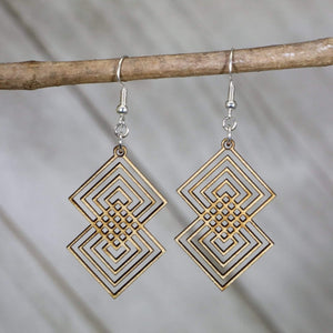 Art Deco Interlocking Diamond Wooden Dangle Earrings | Geometric Jewelry