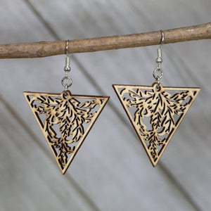 Art Nouveau Triangle Wooden Dangle Earrings | Nature Filigree Jewelry