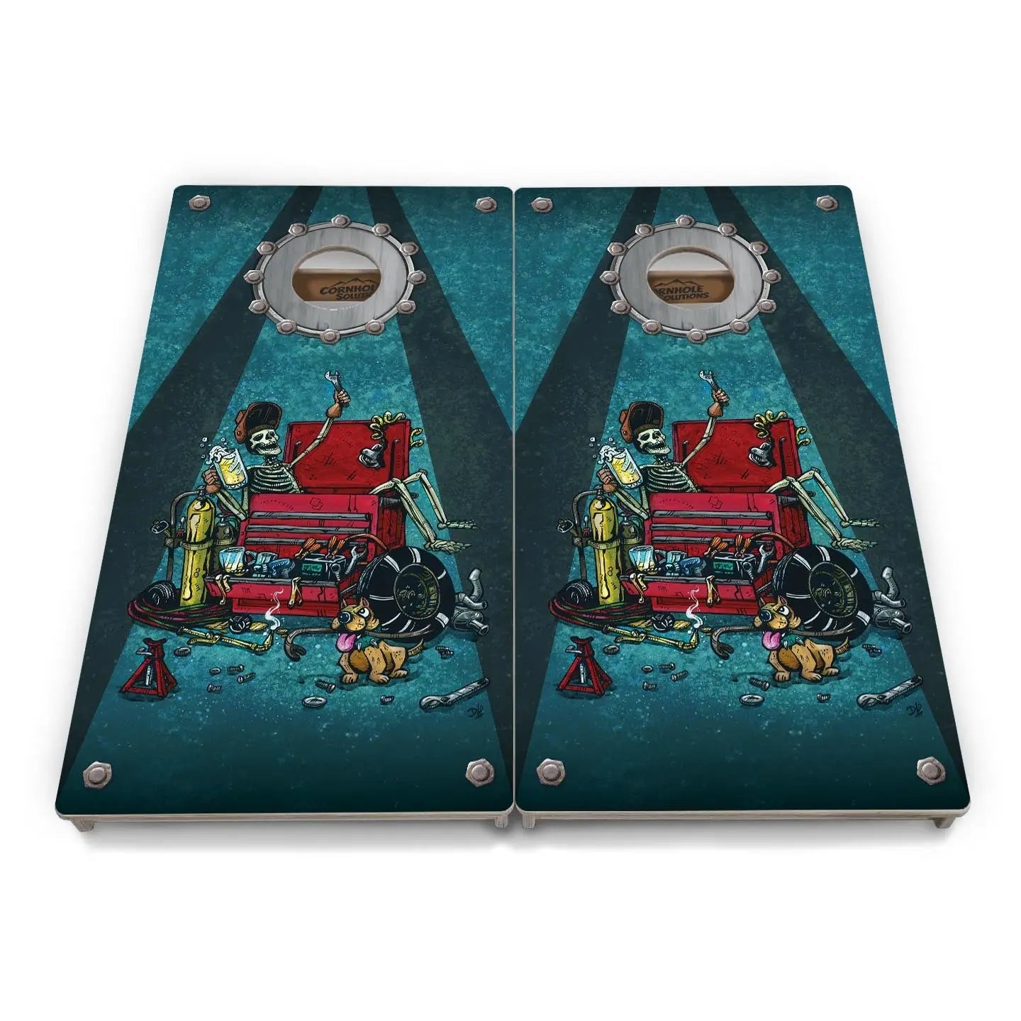 Artist Series Cornhole Boards - Professional Tournament Series - Garage Life by Cornhole Solutions, custom cornhole board detail photo 3