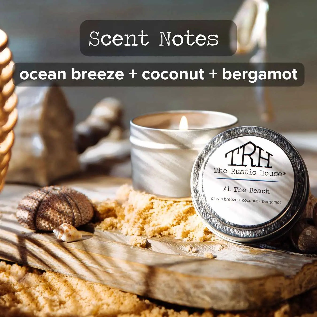 At the Beach Travel Tin by The Rustic House, scented candle detail photo 2