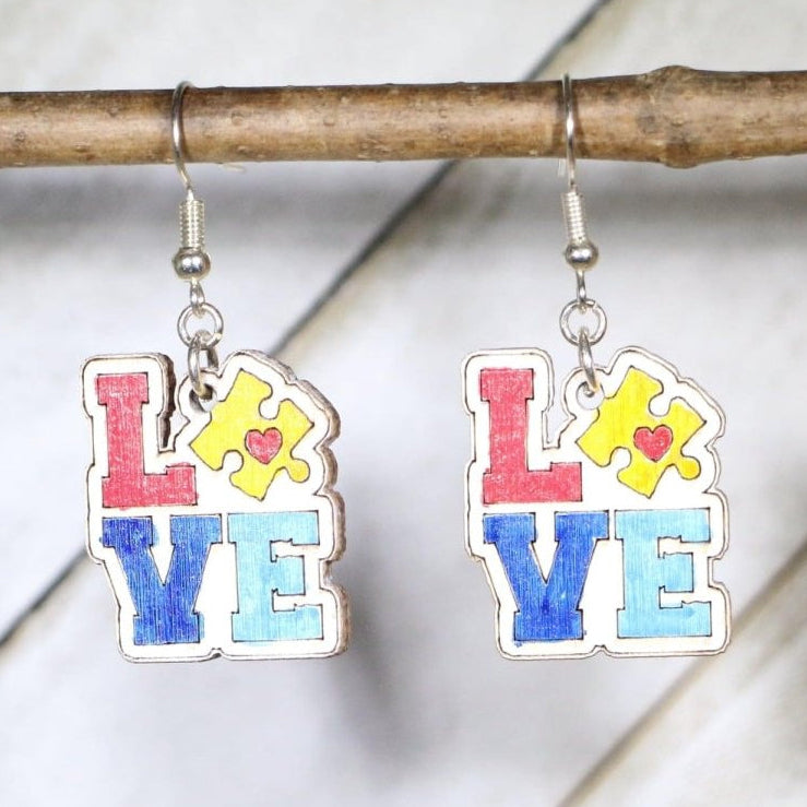 Autism Love Wooden Dangle Earrings | Awareness Jewelry by Cate's Concepts, LLC
