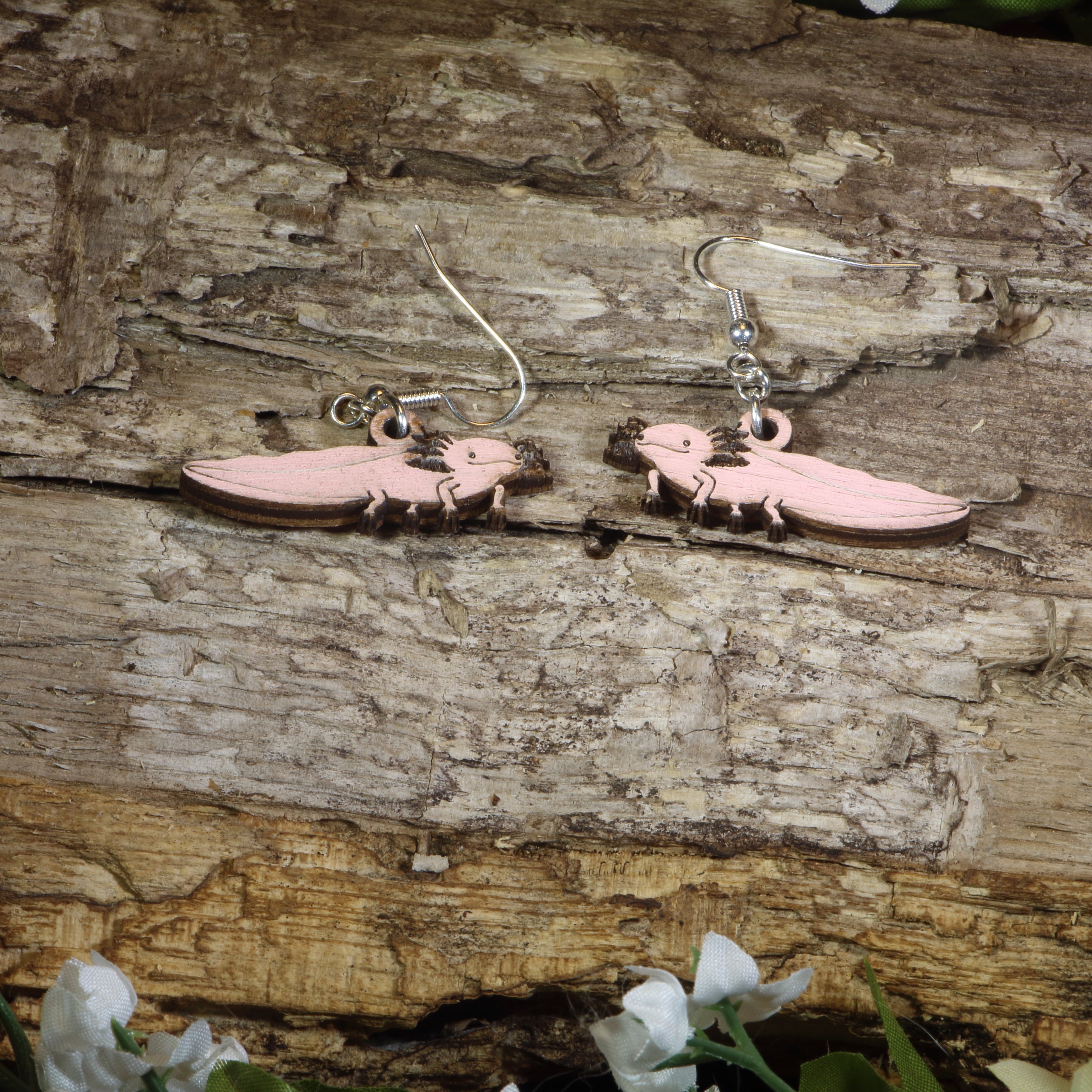 Axolotl Wooden Dangle Earrings | Cute Amphibian Animal Jewelry by Cate's Concepts, LLC