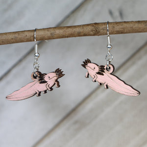 Axolotl Wooden Dangle Earrings | Cute Amphibian Animal Jewelry