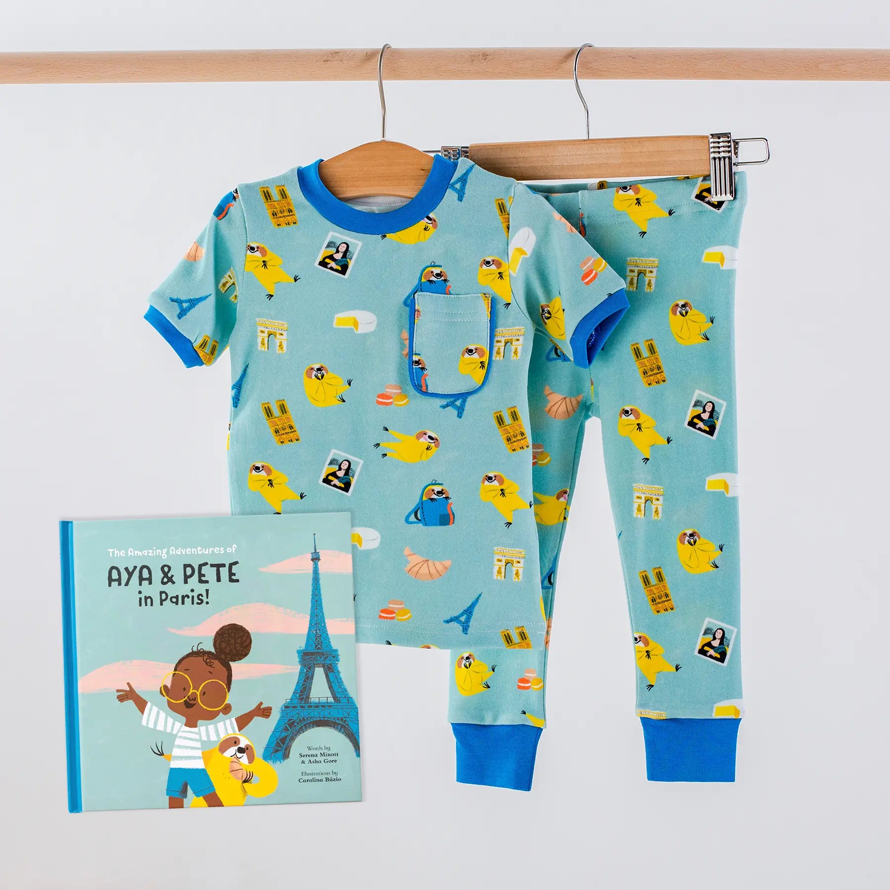 Aya & Pete in Paris Organic Cotton Kids Pajamas & Book Set by Nola Tawk, Southern food gift main product photo