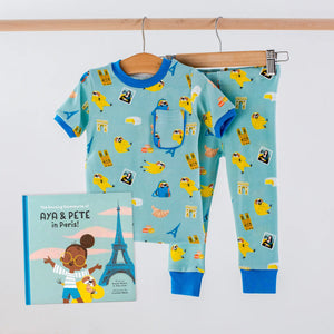 Aya & Pete in Paris Organic Cotton Kids Pajamas & Book Set by Nola Tawk, Southern food gift main product photo