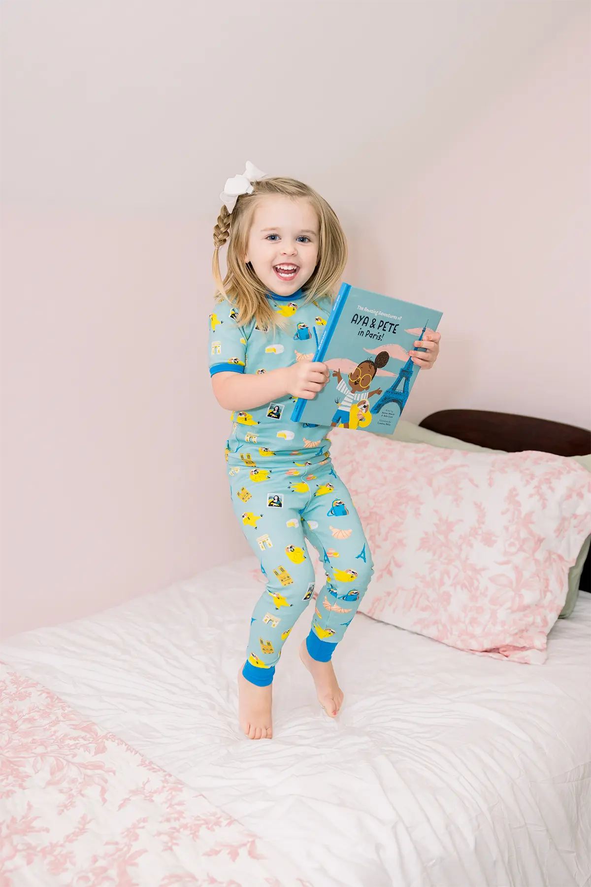 Aya & Pete in Paris Organic Cotton Kids Pajamas & Book Set by Nola Tawk, Southern food gift detail photo 2