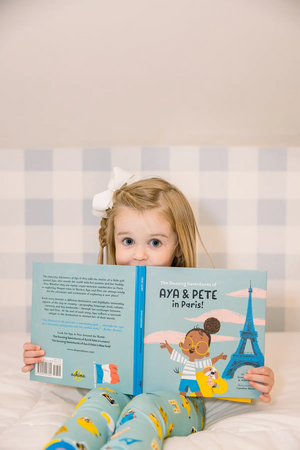 Aya & Pete in Paris Organic Cotton Kids Pajamas & Book Set by Nola Tawk, Southern food gift detail photo 9
