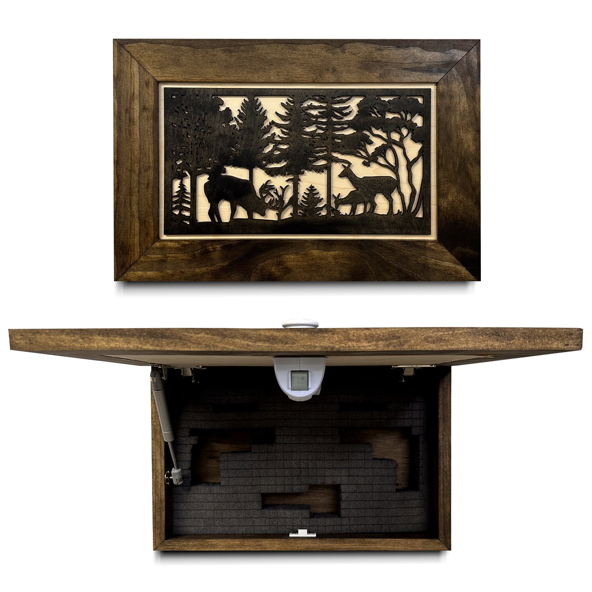 Hidden Gun Safe - Deer Scene Wall Gun Cabinet - Hidden Wall Storage - Wood Gun Cabinet - Handcrafted Gun Concealment Furniture - Hidden Gun Storage by by Bellewood Designs, gun
