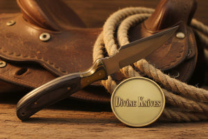 Yellow Accent Damascus Knife with Gray Wood Handle and Lanyard Hole detail view by Divine Knives