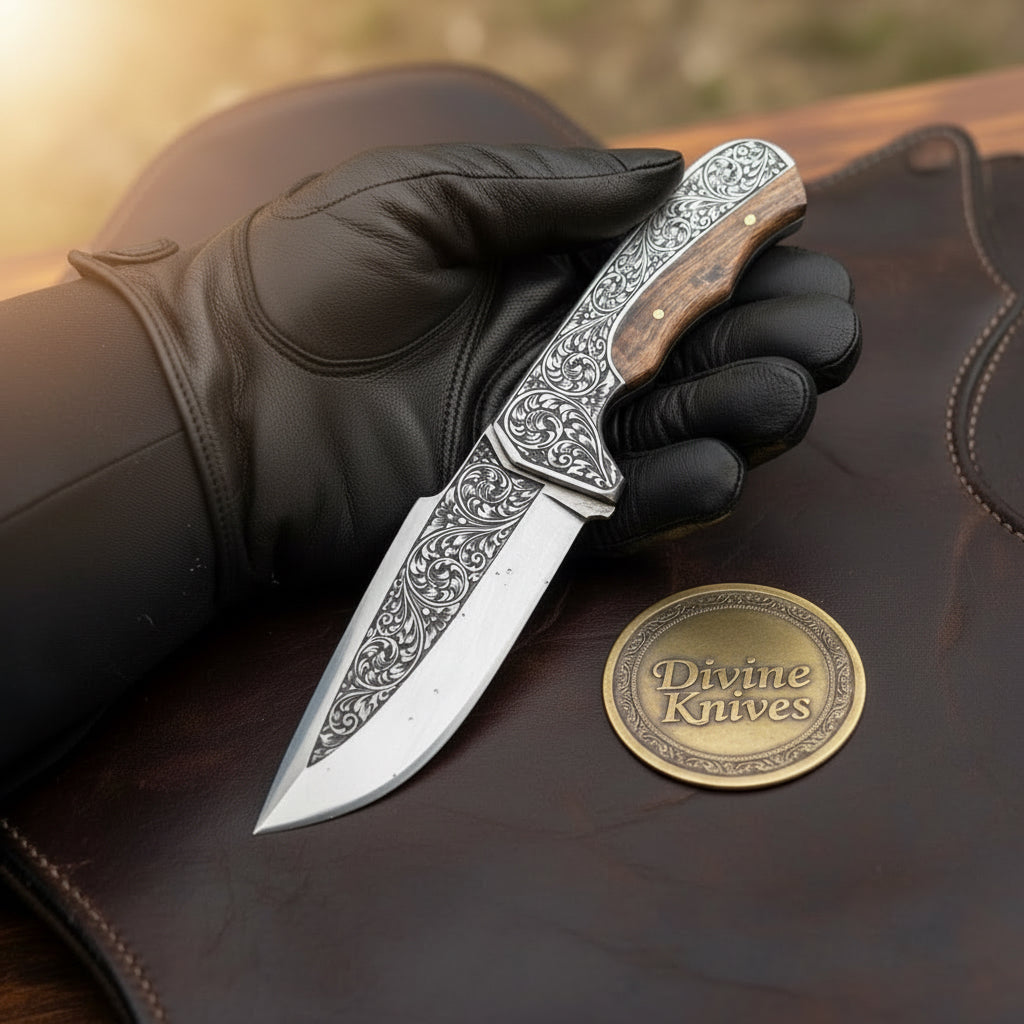 Engraved Hunting Skinner Knife with Carved product detail, view 3