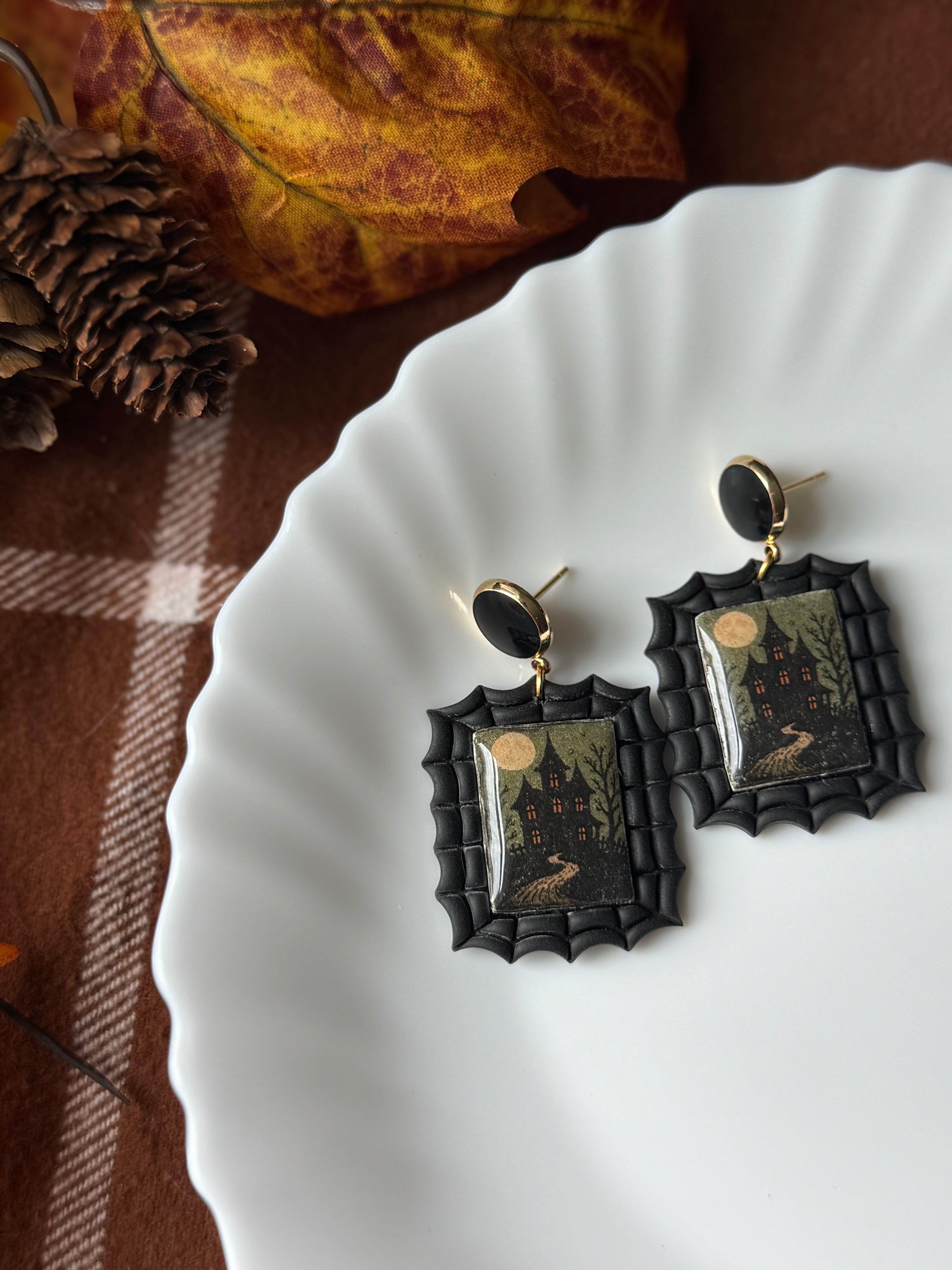 Haunted House Stamps handmade polymer clay earrings by Shop Something Earthy — view 1 of 2