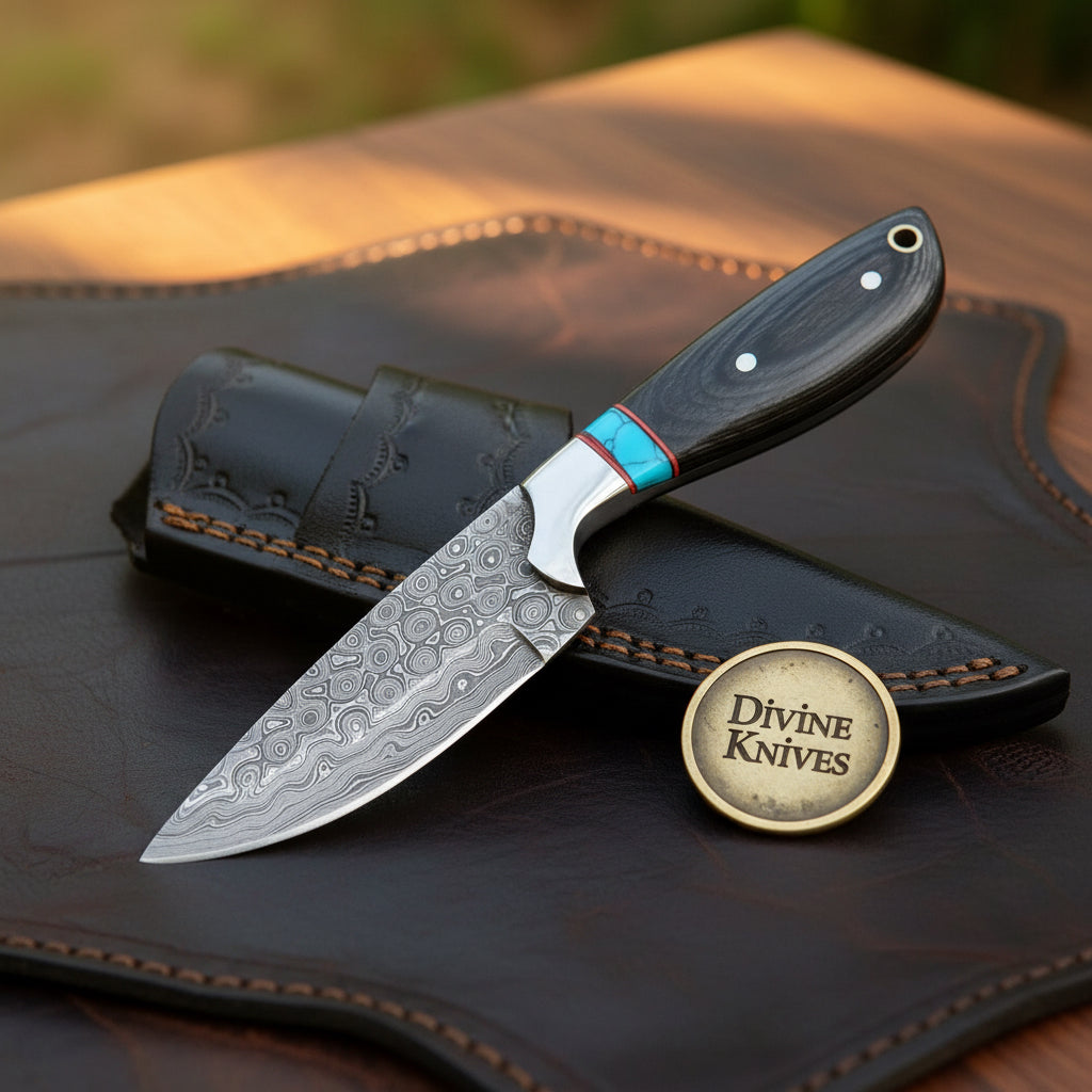 Damascus Turquoise Inlay Black Micarta by Divine Knives