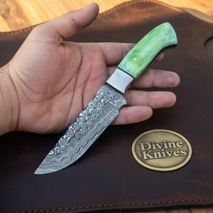 Green Damascus Drop Point Hunter with Mosaic Ricasso Pattern by Divine Knives