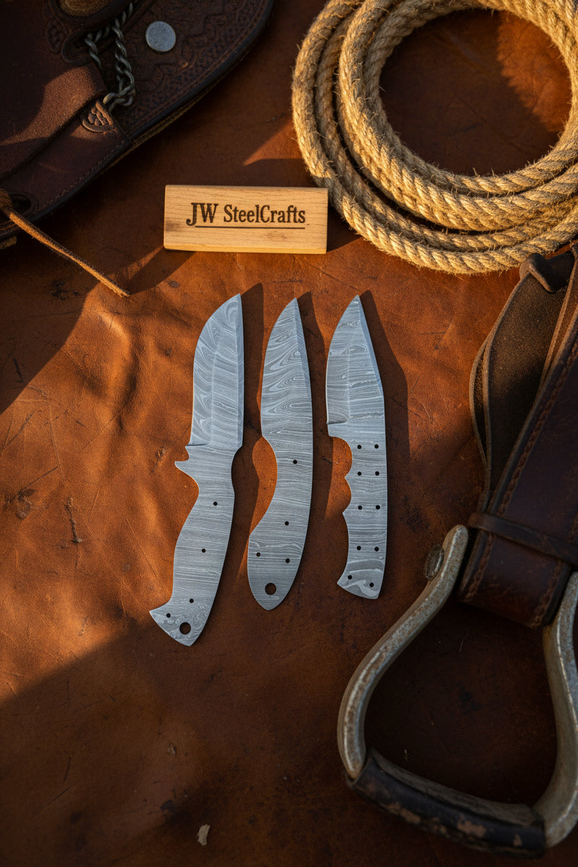 Damascus Knife Blanks Set 4.5 Inch Blades Fixed Blade DIY Trio detail view by JW SteelCrafts