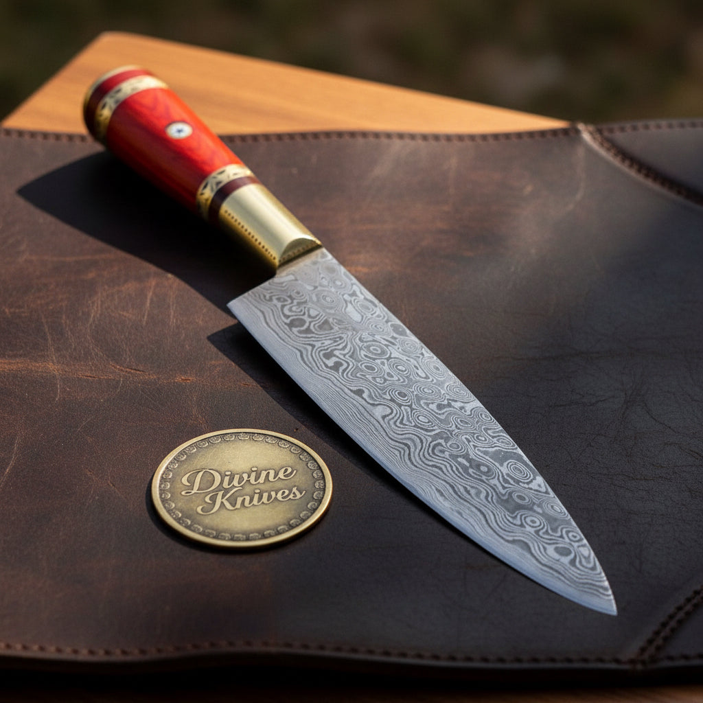 Raindrop Damascus Solid Brass Gyuto Chef Knife with Red Handle for Kitchen Prep