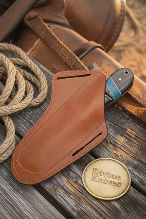 Micarta and Turquoise Bull Cutter with Scale Pattern Damascus Blade detail view by Divine Knives