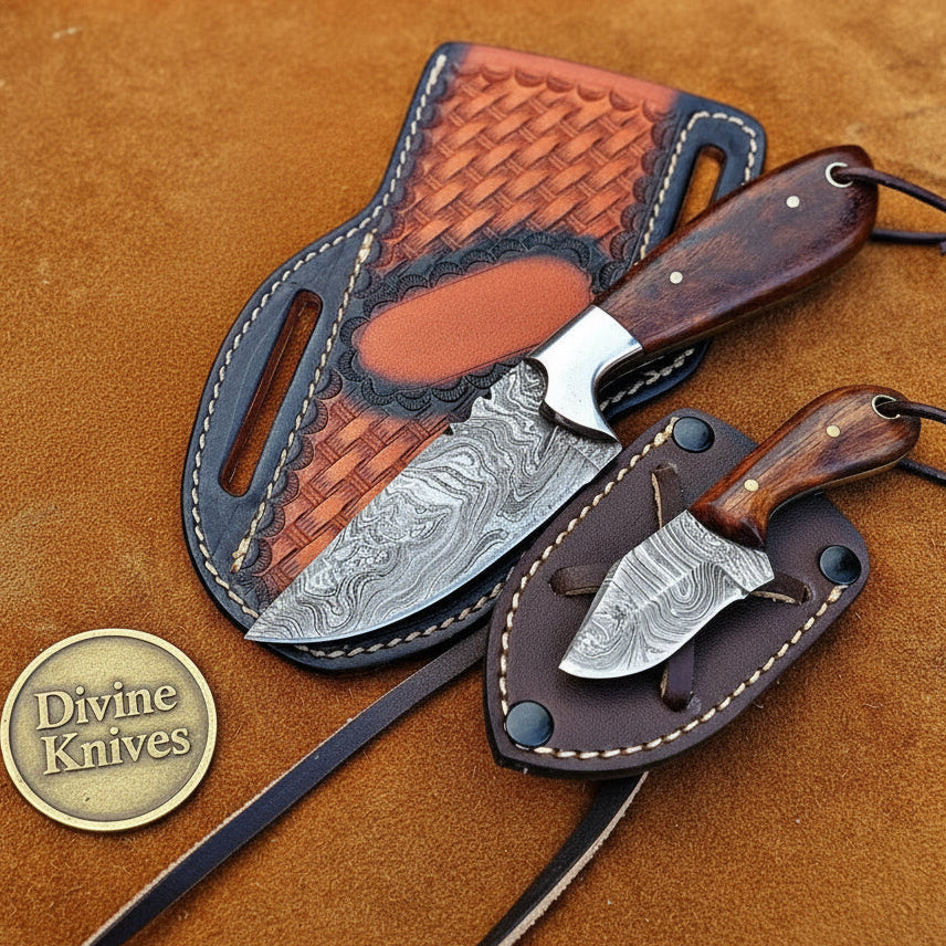 Damascus Skinner & Mini Neck Knife Set with Genuine Wood Grain Blades