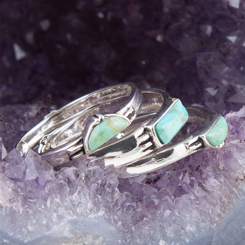 Triple Stack Shaped Turquoise and Sterling Silver Ring Set detail view by Barse Jewelry