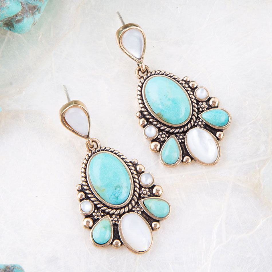 Barcelona Turquoise and Mother of Pearl Post Drop Earrings detail view by Barse Jewelry
