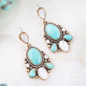 Barcelona Turquoise and Mother of Pearl Post Drop Earrings detail view by Barse Jewelry