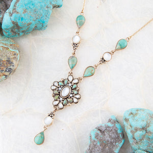White Mother of Pearl and Blue Turquoise Golden Barcelona Y-Necklace detail view by Barse Jewelry