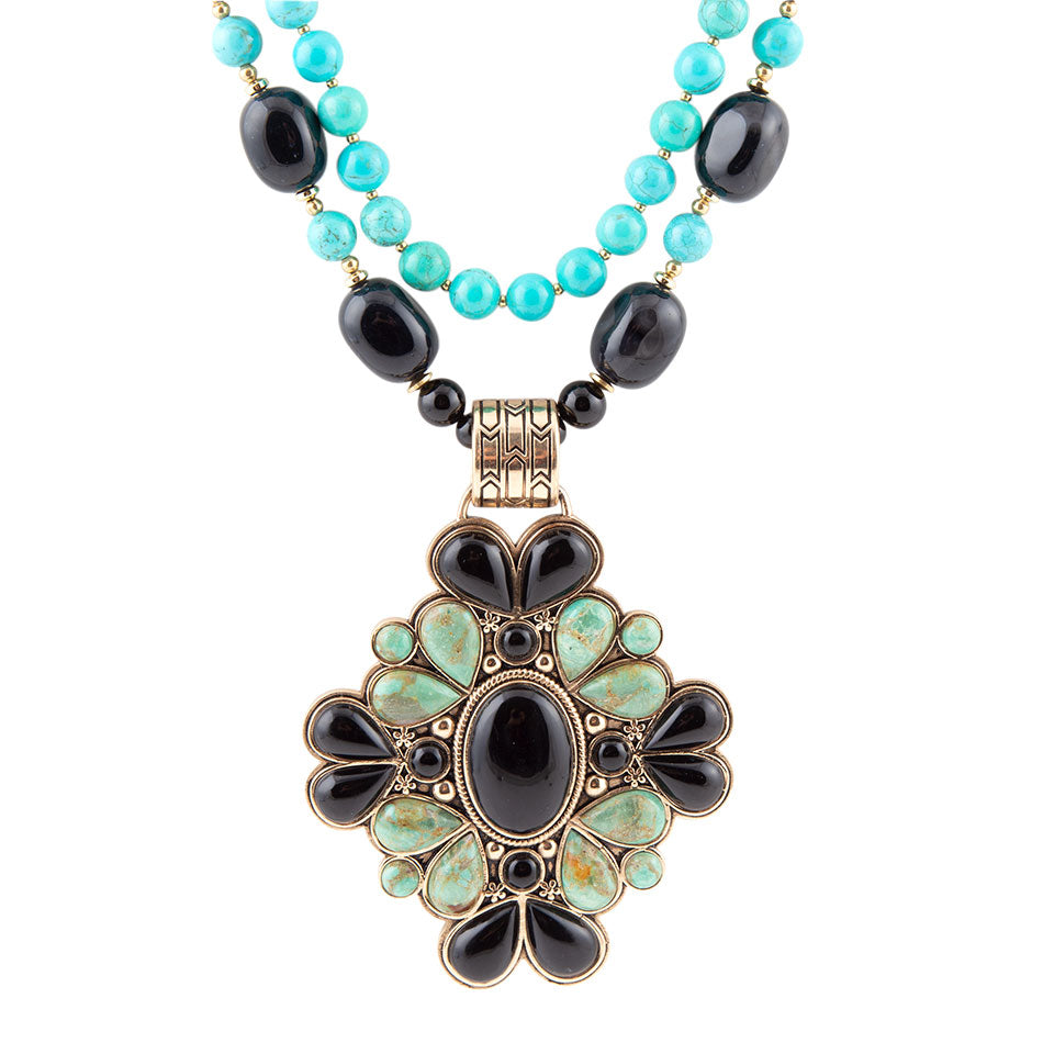 Barcelona Blue Turquoise and Black Onyx Golden Statement Necklace by Barse Jewelry