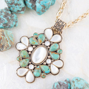Barcelona Blue Turquoise and Mother of Pearl Golden Statement Necklace detail view by Barse Jewelry