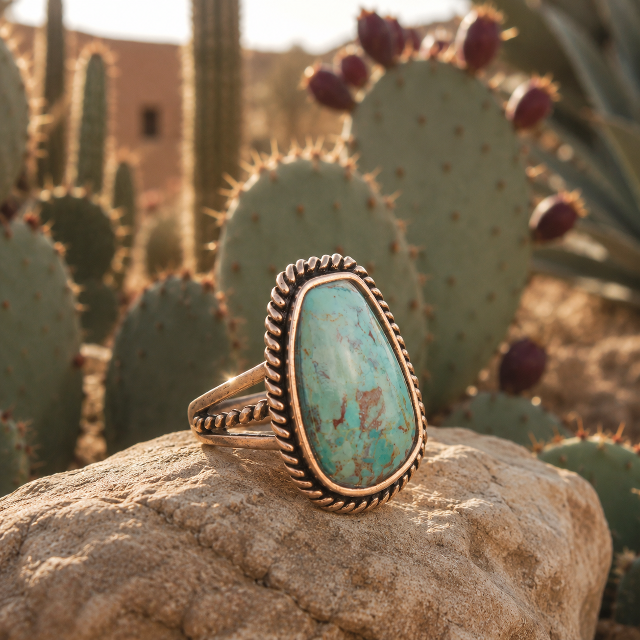 Roped Blue Turquoise Golden Ring detail view by Barse Jewelry