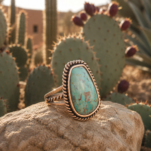 Roped Blue Turquoise Golden Ring detail view by Barse Jewelry