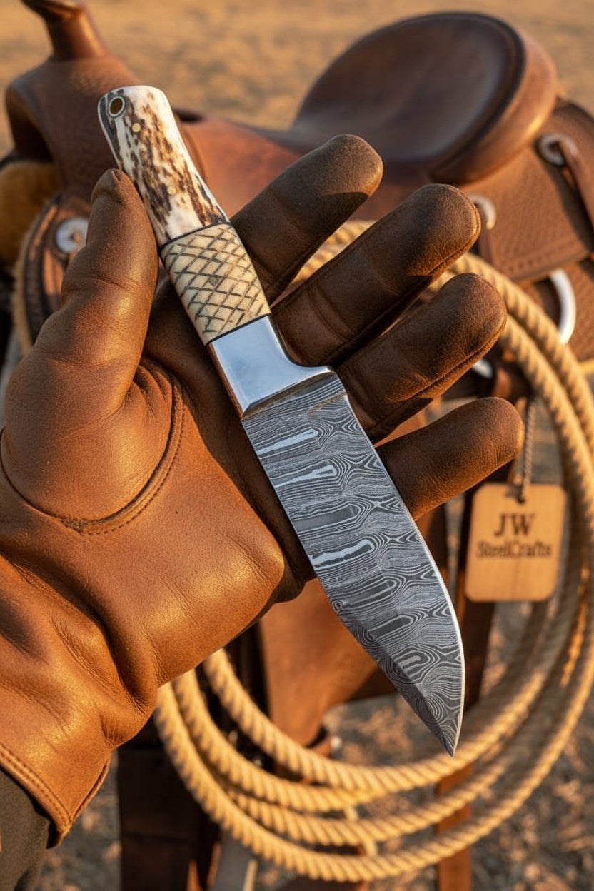 Frontier Stag Damascus Hunting Knife 9" by JW SteelCrafts, product view 3