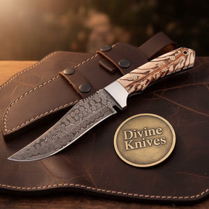 Nile Crocodile Damascus Hunting Knife with Raindrop Blade by Divine Knives