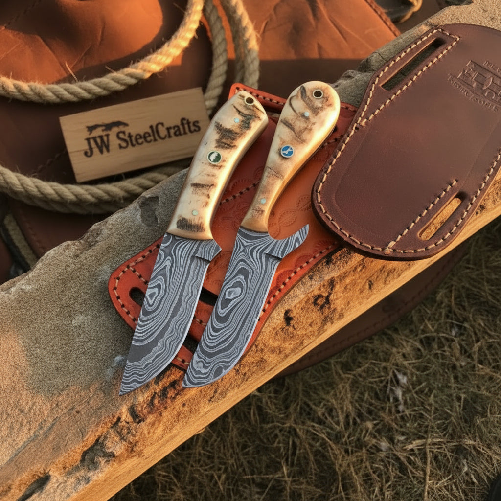 Turquoise Stag Skinner Duo 9" Handmade Damascus Natural Stag Horn