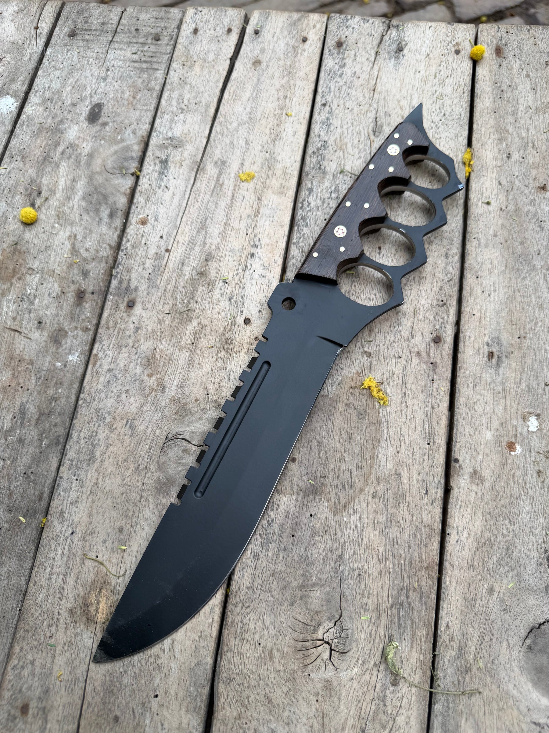 Knuckle Handle Tactical Knife Acid Etched Drop Point Fixed Blade detail view by JW SteelCrafts