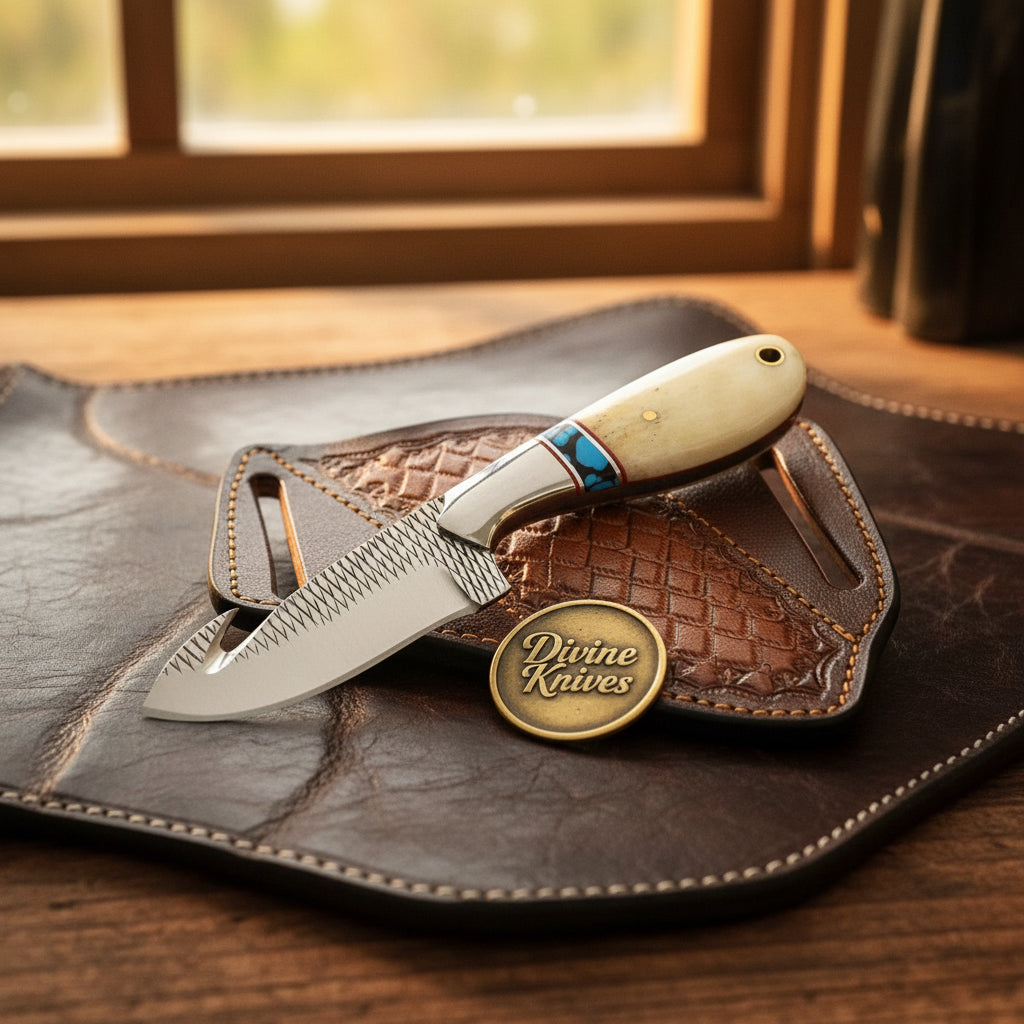 Turquoise & Bone Rasp Gut Hook Knife with product detail, view 2