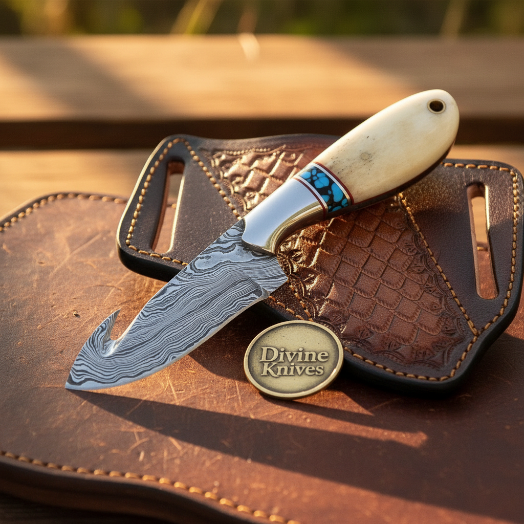 Damascus Turquoise Bone gut hook knife with by Divine Knives