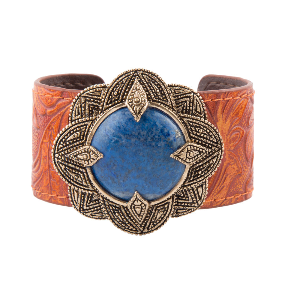 Ornate Blue Lapis Golden Leather Cuff Bracelet detail view by Barse Jewelry