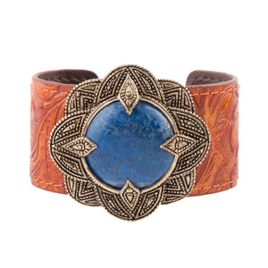 Ornate Blue Lapis Golden Leather Cuff Bracelet detail view by Barse Jewelry