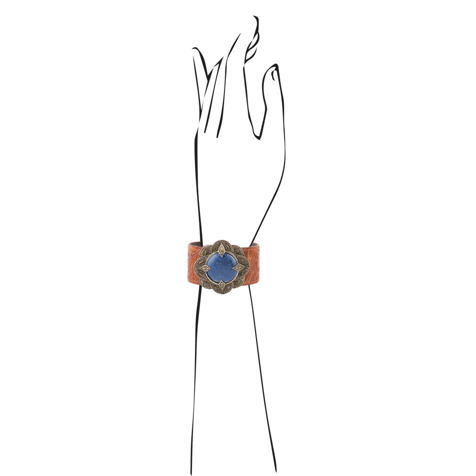 Ornate Blue Lapis Golden Leather Cuff Bracelet detail view by Barse Jewelry